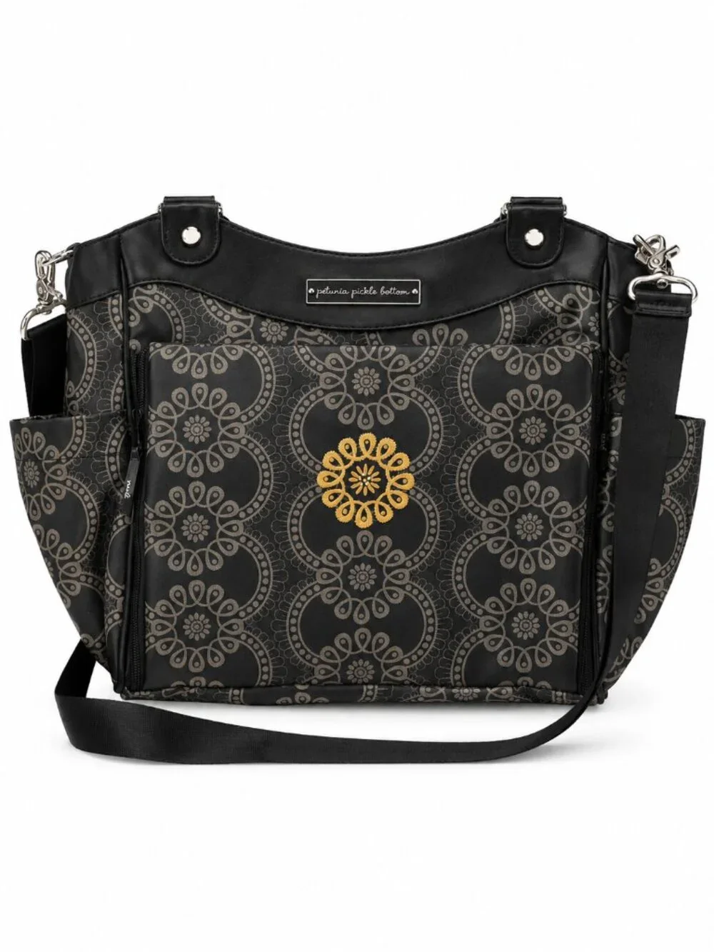 Petunia Pickle Bottom City Carryall Diaper Bag Black Grey Medallion Gold Floral